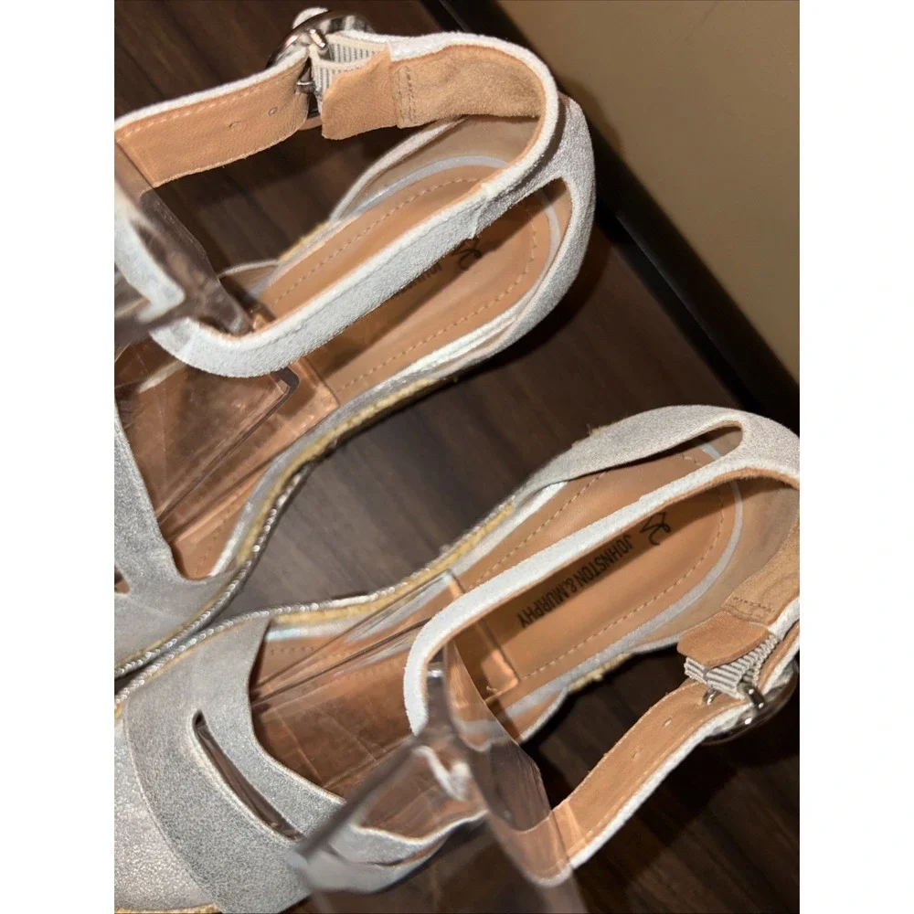 Johnston & Murphy 8 M Marcia Leather Espadrille Wedge Sandals Silver Metallic